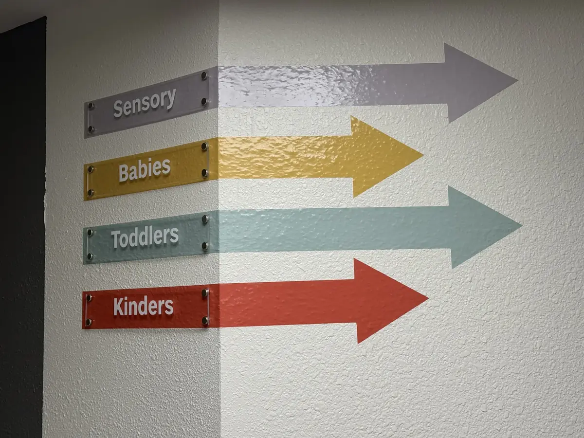 Colour-coded arrow signs on a hallway corner pointing to the Sensory, Babies, Toddlers and Kinders rooms